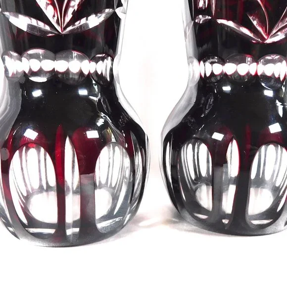 Pair of Two Small Red Cut to Clear Vases # 25597